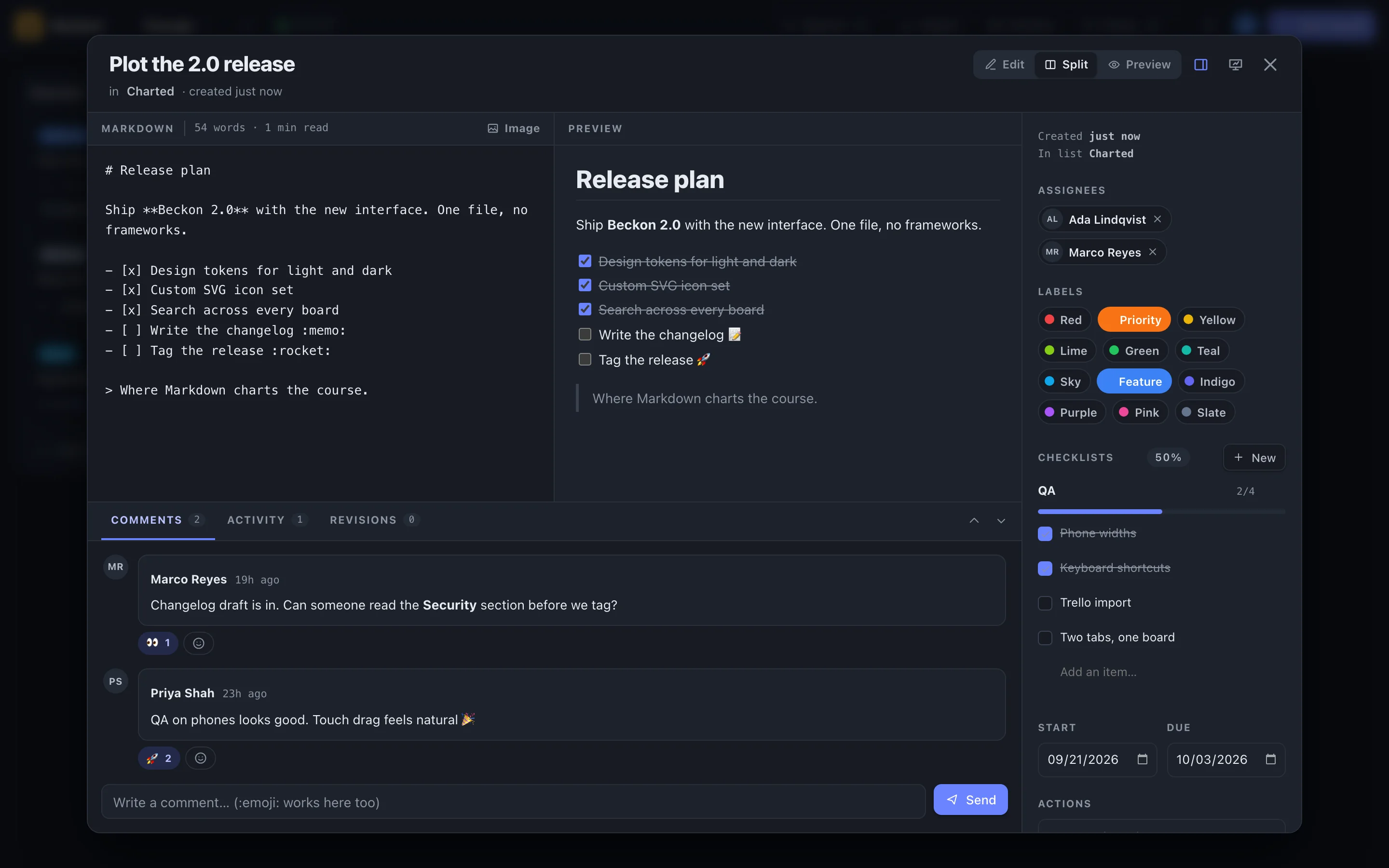 The card editor with a Markdown pane, live preview, checklist and labels