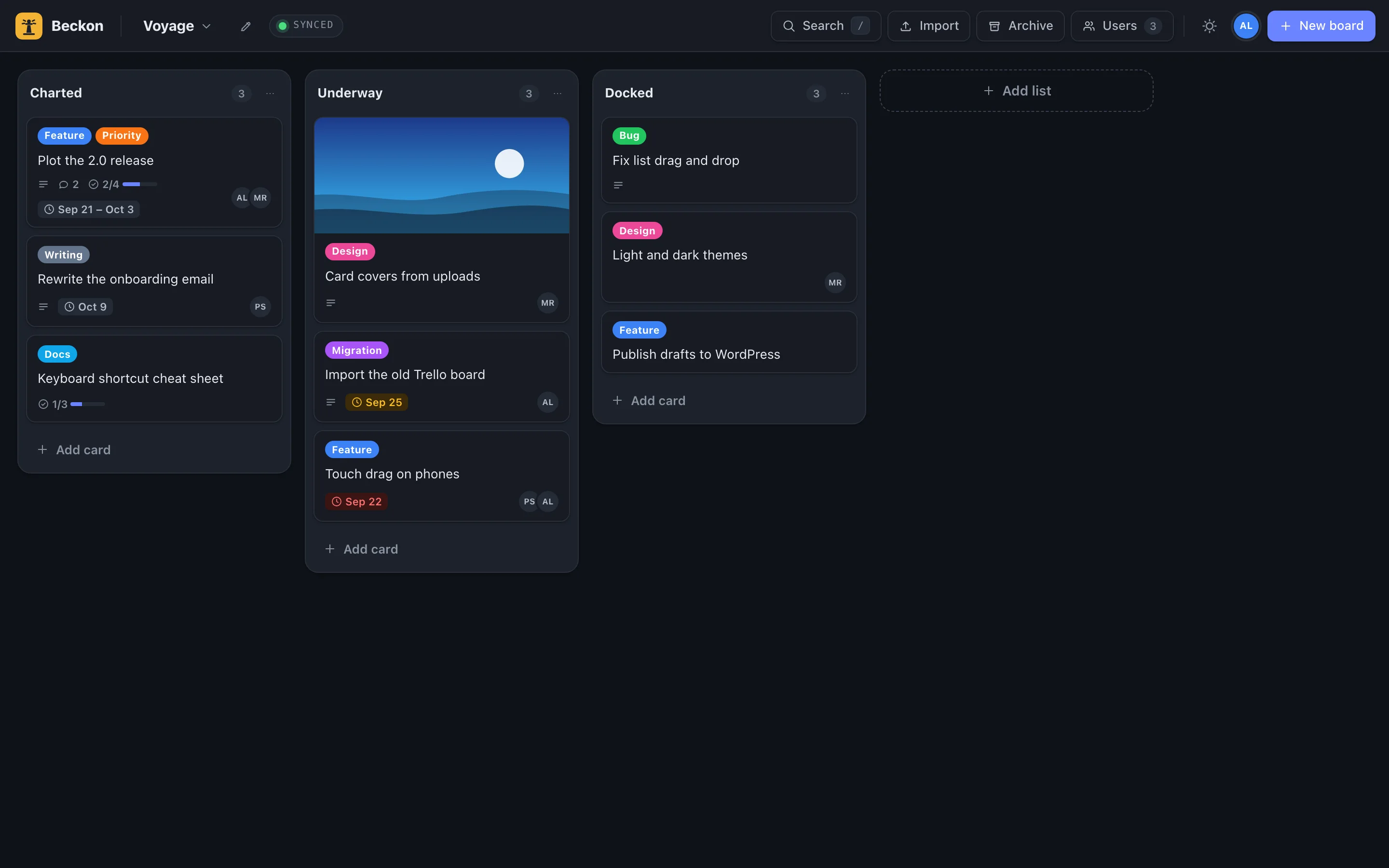 Beckon board in dark mode